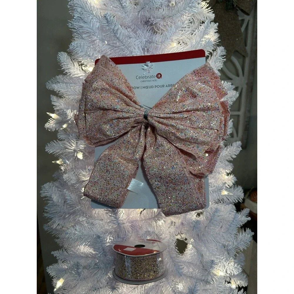 Celebrate It Christmas Pink Glitter Bow & Wired Ribbon Set, Christmas Easter